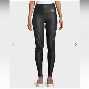 SPANX Black Faux Leather Leggings with Red Brand Tag- faux leather moto leggings